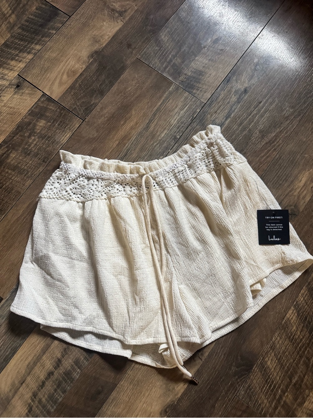 Lulu's Cream Crochet-Trim Elastic Waist Shorts